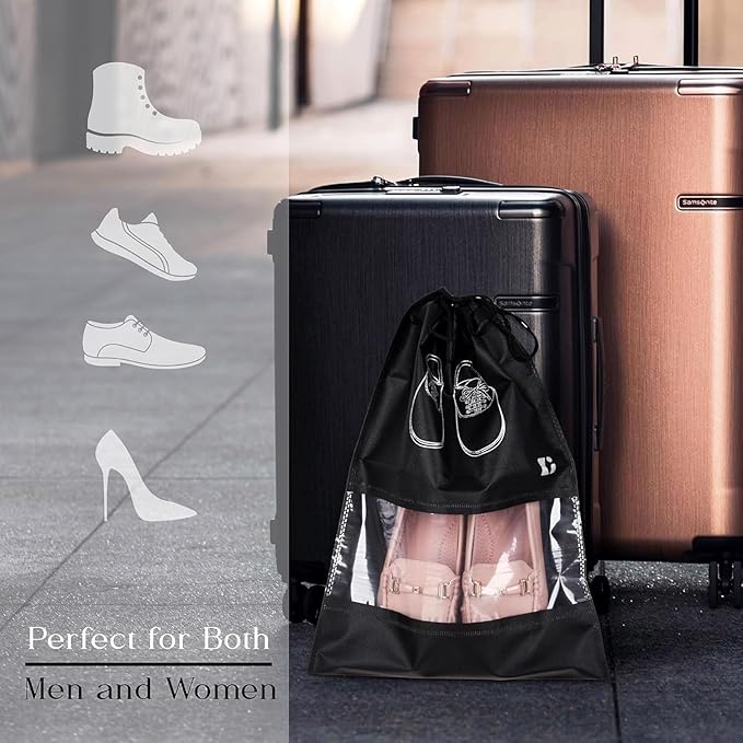 Shoe bags separating footwear from clothes in a suitcase