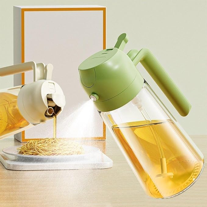 Refillable oil spray bottle misting an air fryer basket