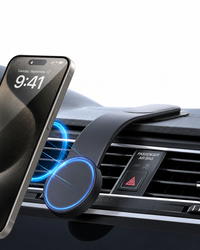 Phone mounted on magnetic car holder while driving
