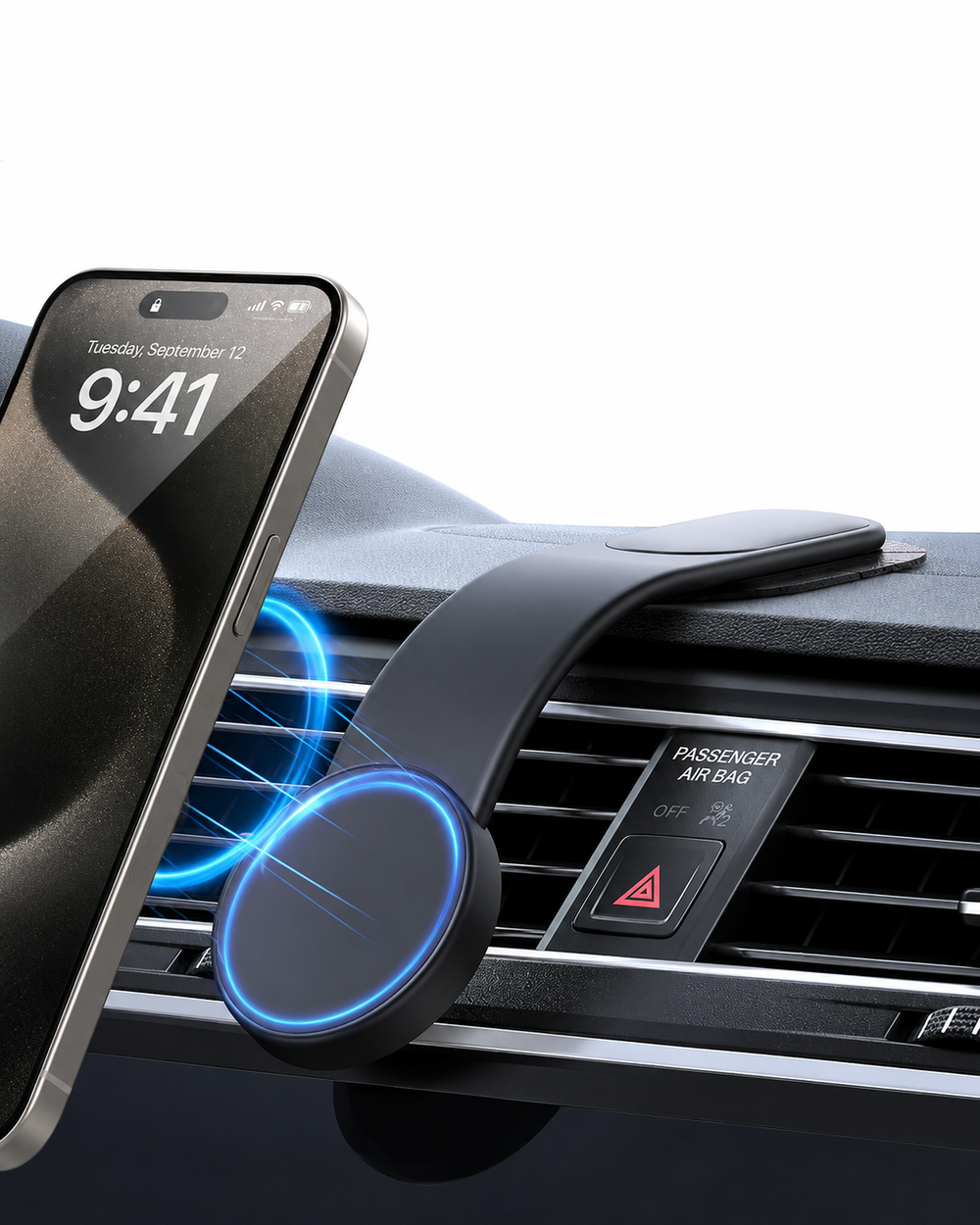 Magnetic car phone holder mounted on a car dashboard